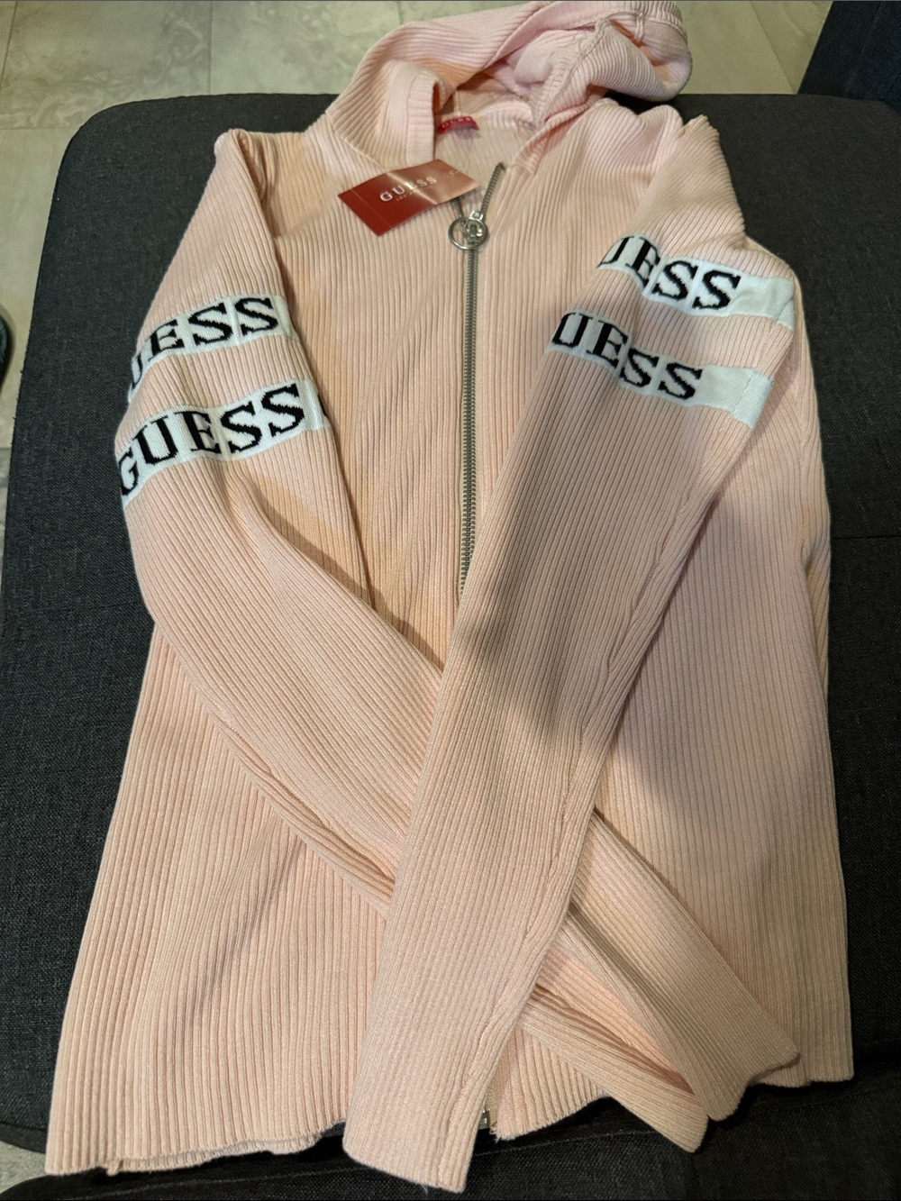 Guess Light Pink Ribbed Zip Hoodie with Logo Sleeve Bands